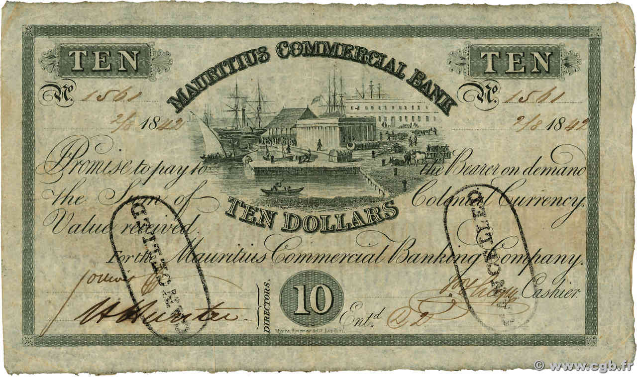 10 Dollars - 2 Pounds Annulé ÎLE MAURICE  1842 PS.122 TB+