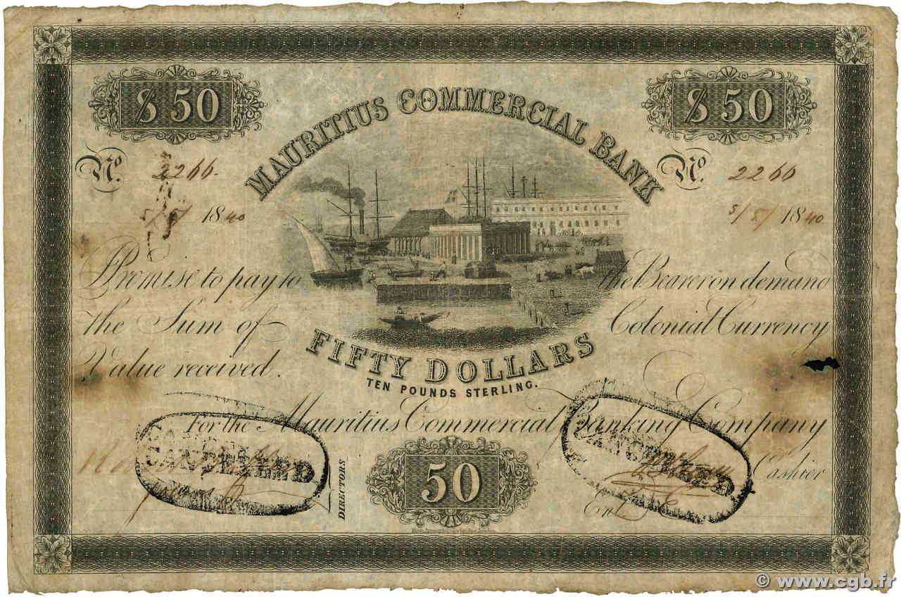 50 Dollars - 10 Pounds Sterling Annulé ISOLE MAURIZIE  1840 PS.126 q.BB