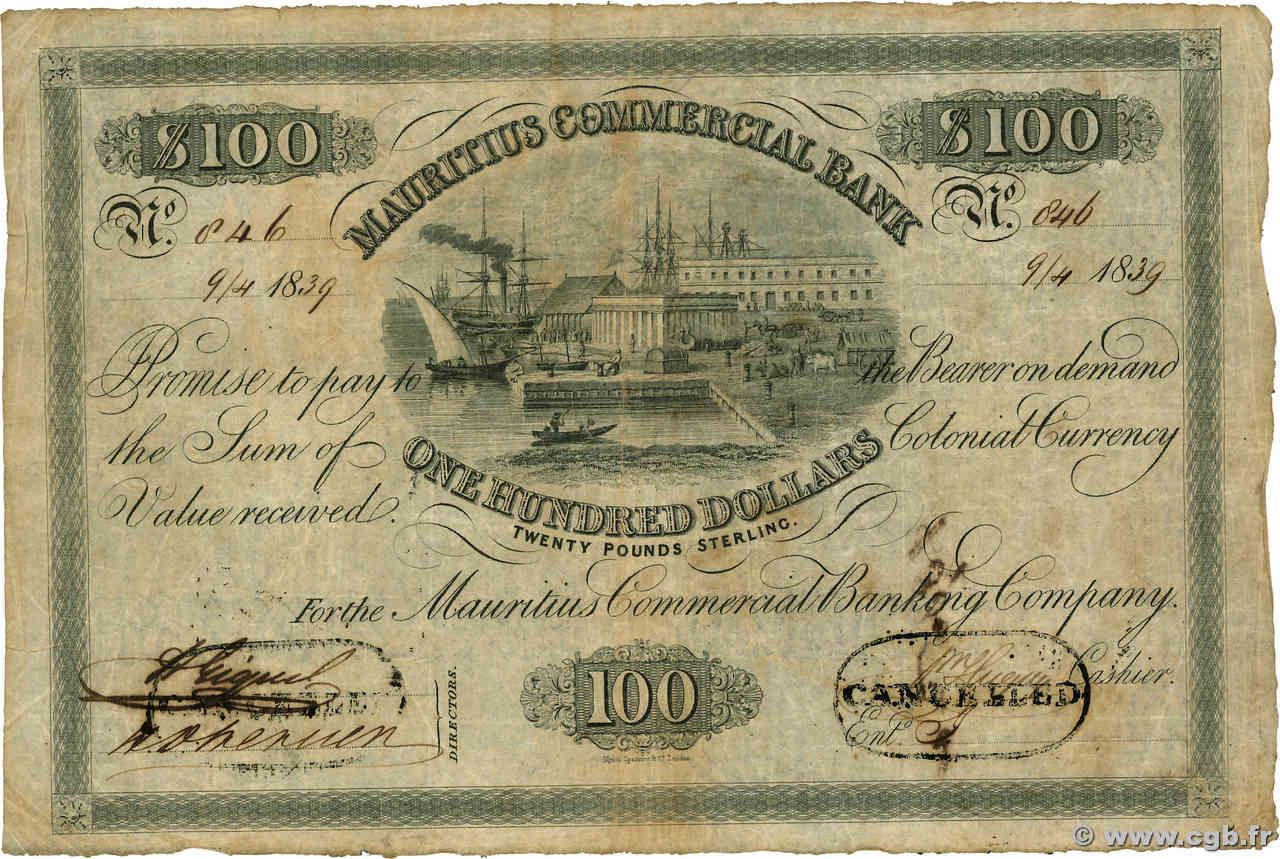 100 Dollars - 20 Pounds Sterling Annulé MAURITIUS  1839 PS.127 BC+