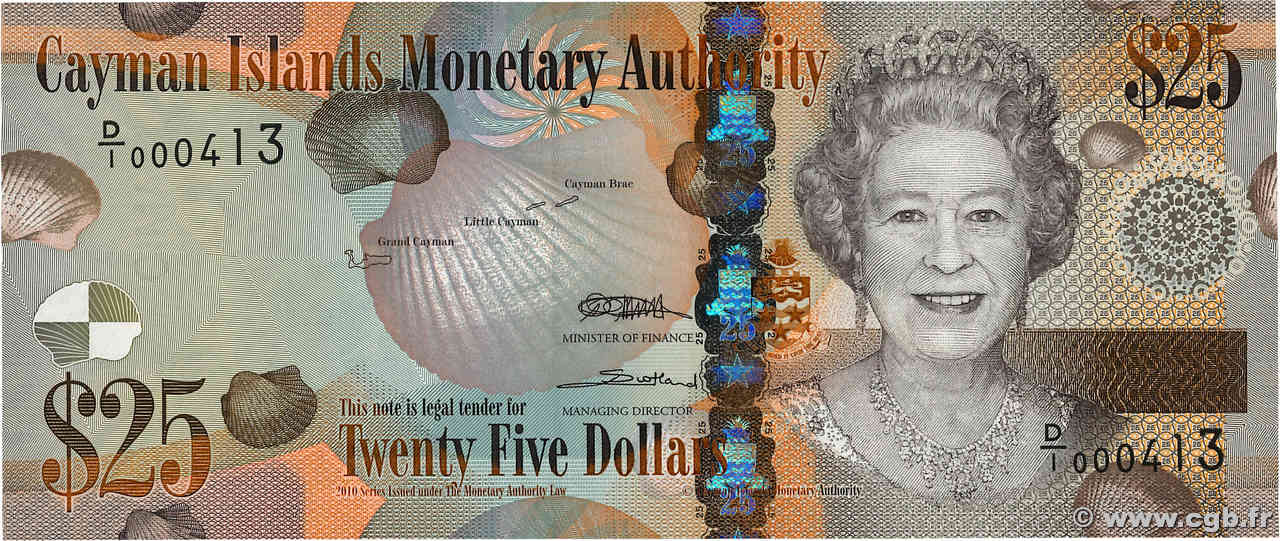 25 Dollars Petit numéro ISLAS CAIMáN  2010 P.41a FDC