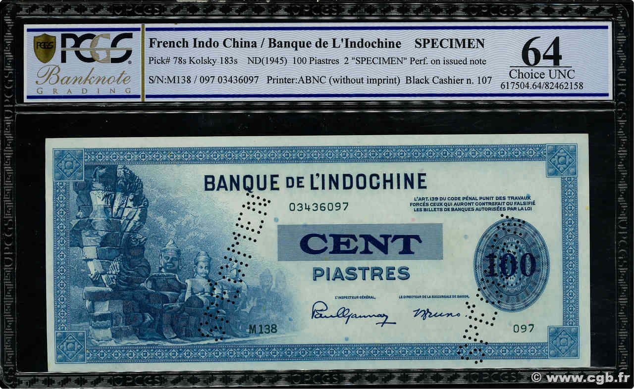 100 Piastres Spécimen FRENCH INDOCHINA  1945 P.078s UNC-