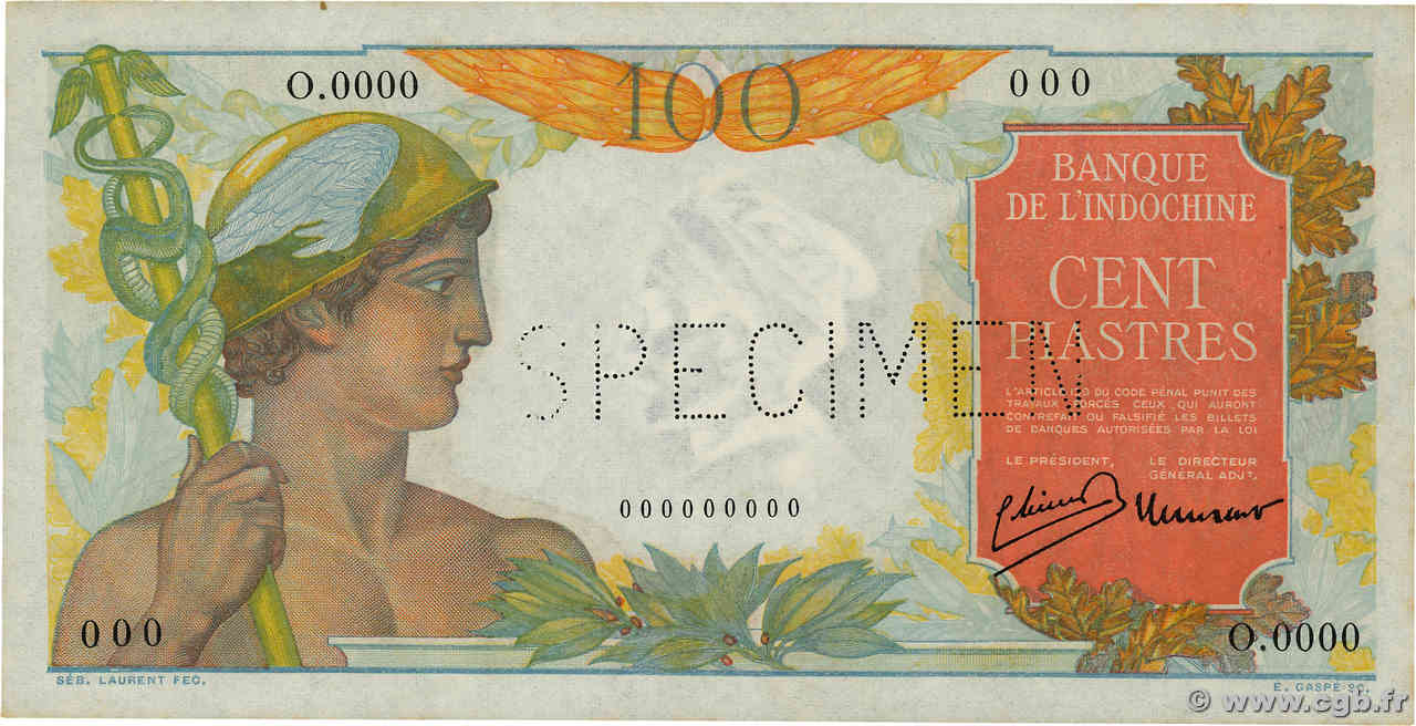 100 Piastres Spécimen INDOCHINE FRANÇAISE  1947 P.082bs pr.NEUF