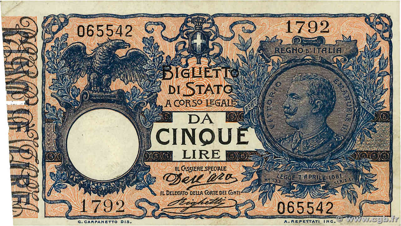 5 Lire ITALIA  1915 P.023c EBC