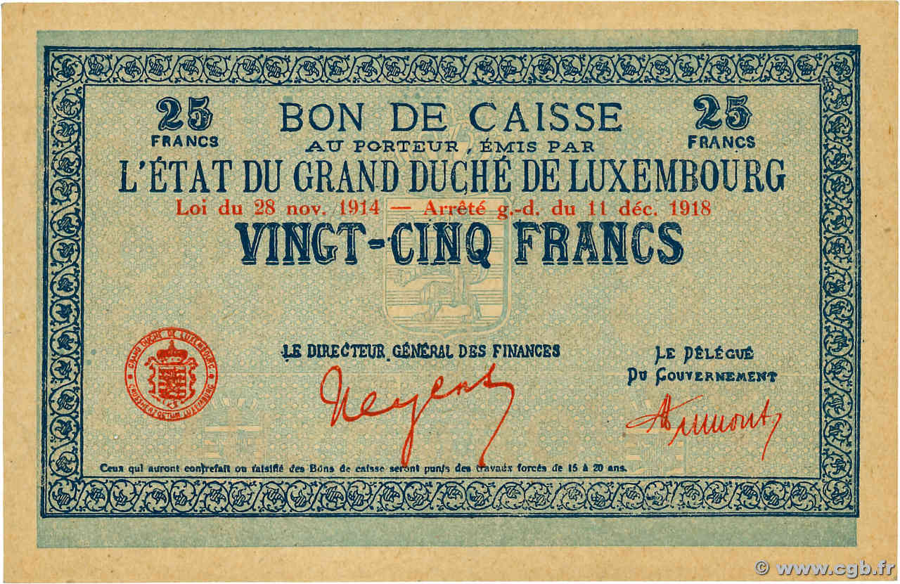 25 Francs LUXEMBURG  1919 P.31a fST+