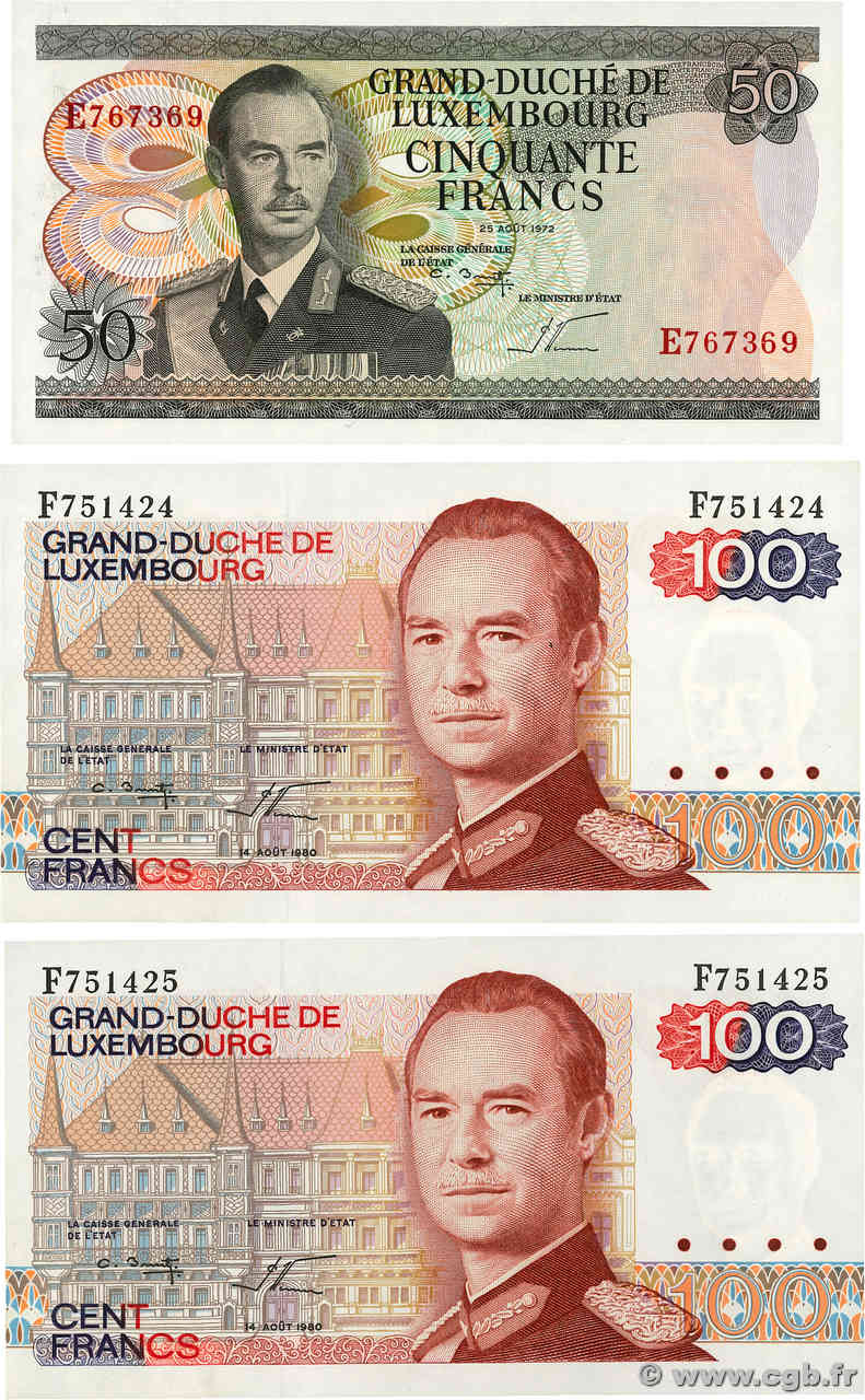 50 et 100 Francs Lot LUXEMBOURG  1972 P.55b et  P.57a UNC