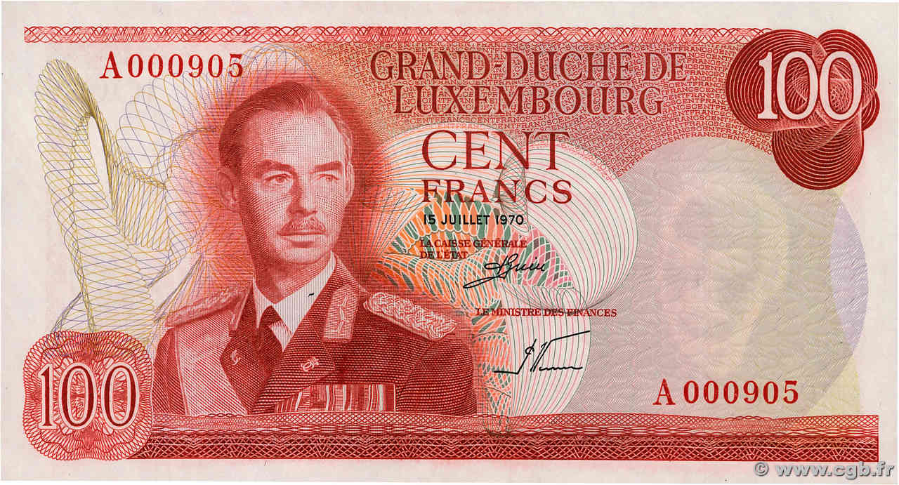 100 Francs Petit numéro LUXEMBURG  1970 P.56a ST