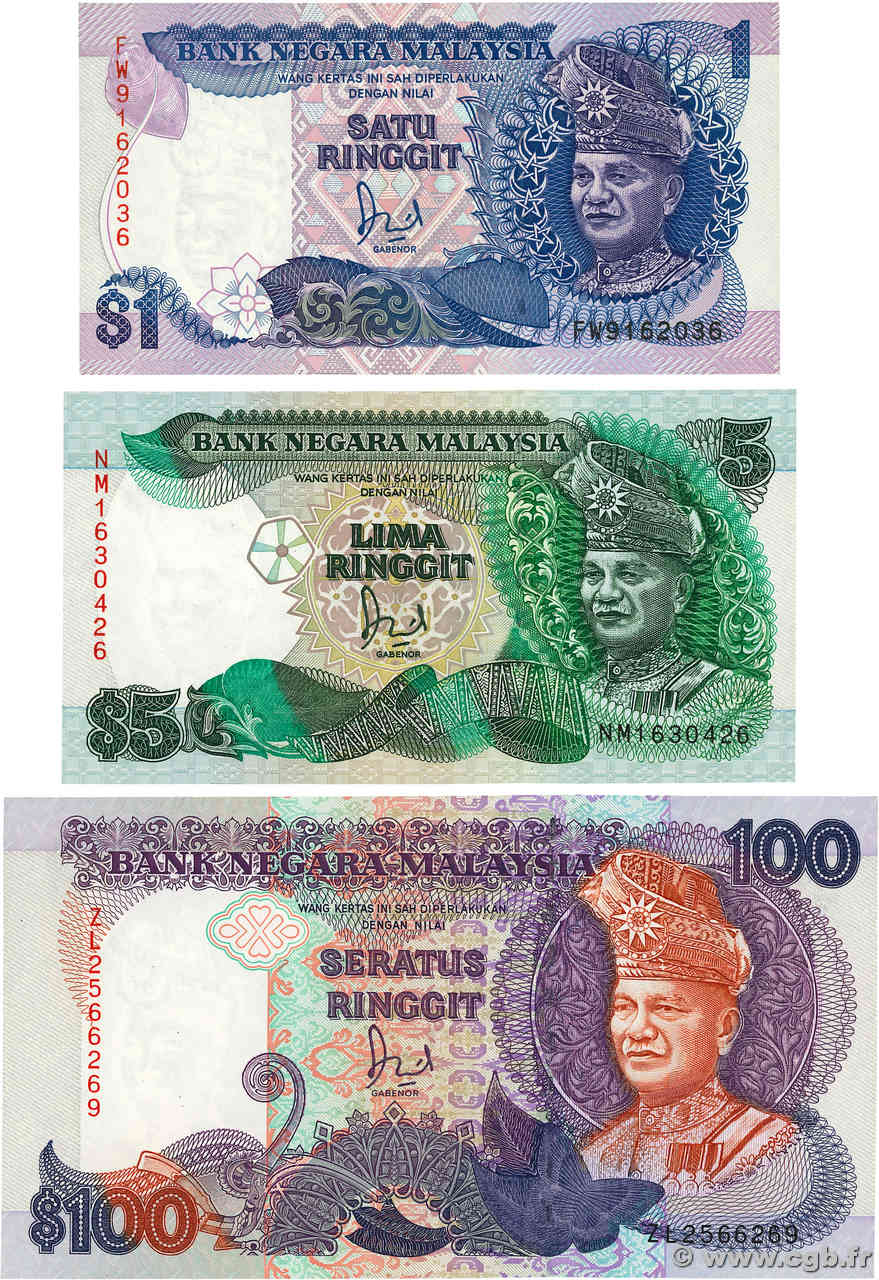 1, 5 et 100 Ringgit Lot MALAISIE  1986 P.27b, P.28c et P.32 NEUF