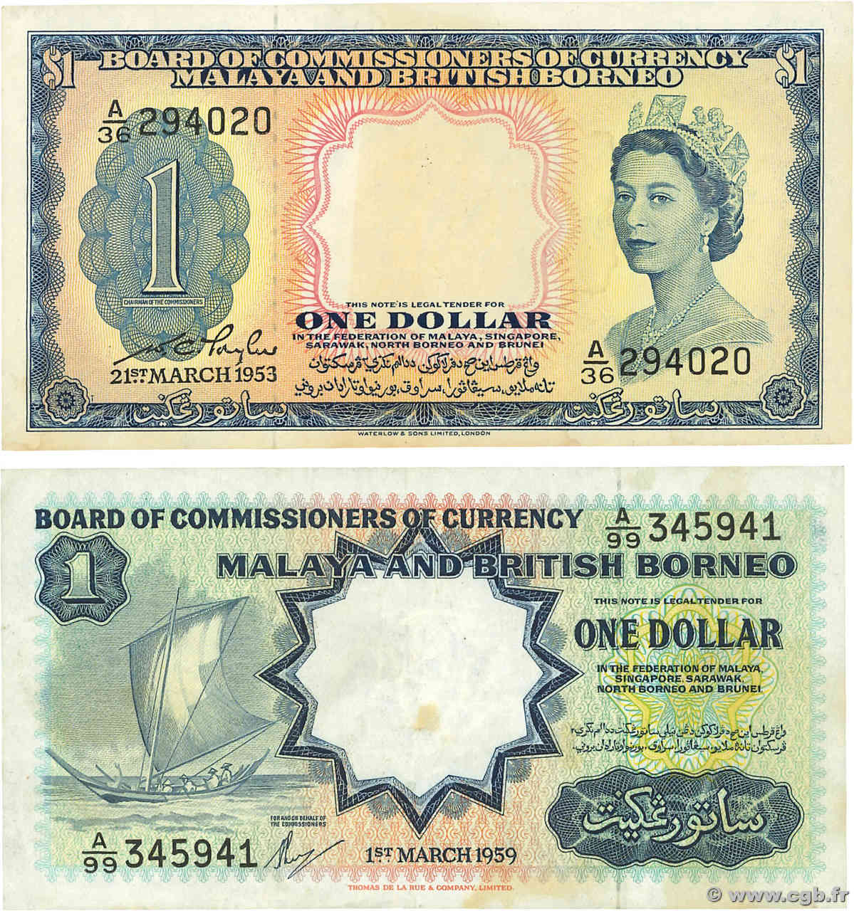 1 Dollar Lot MALAYA y BRITISH BORNEO  1953 P.01a et P.08A MBC