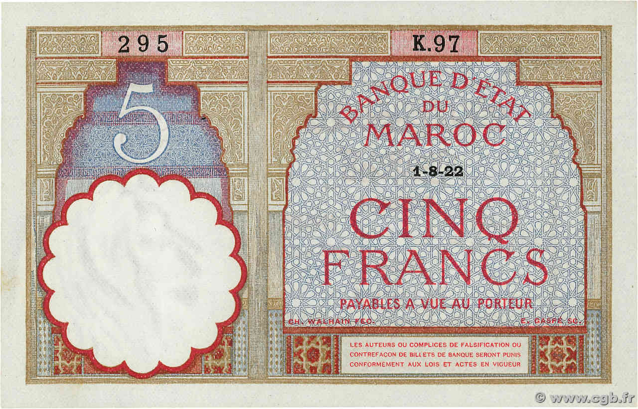 5 Francs MAROKKO  1922 P.23Aa fST+