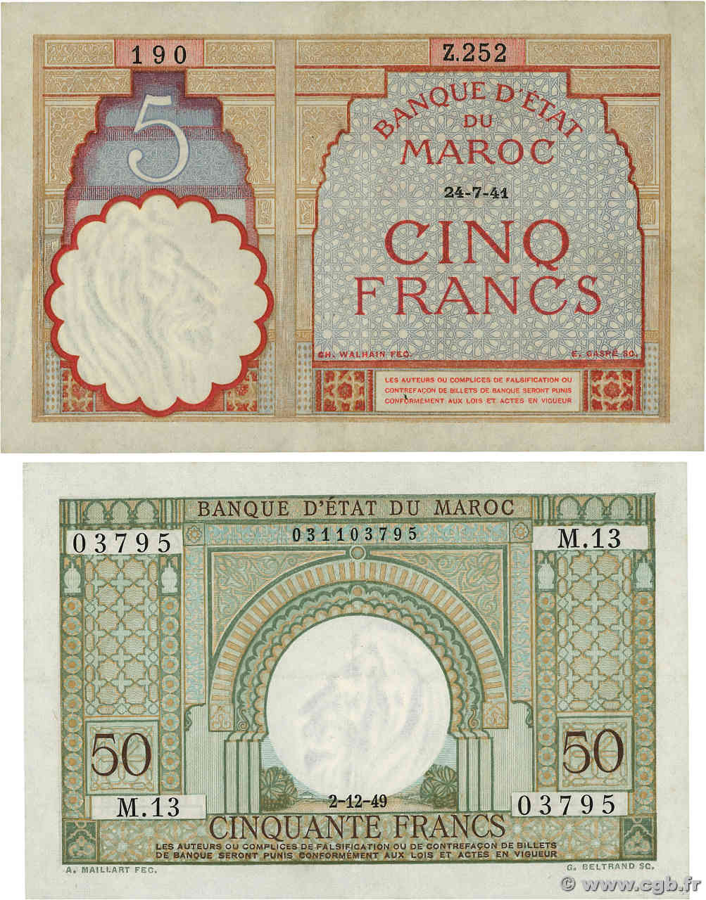 5 et 50 Francs Lot MAROKKO  1941 P.23Ab et P.44 fVZ