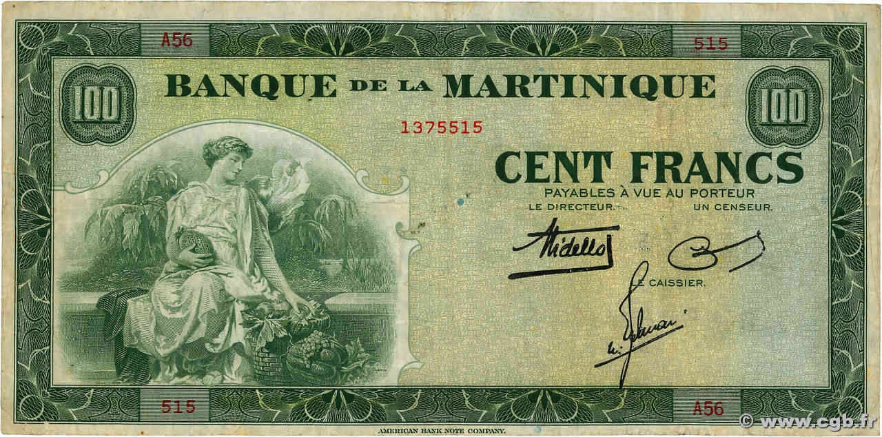 100 Francs MARTINIQUE  1944 P.19a S