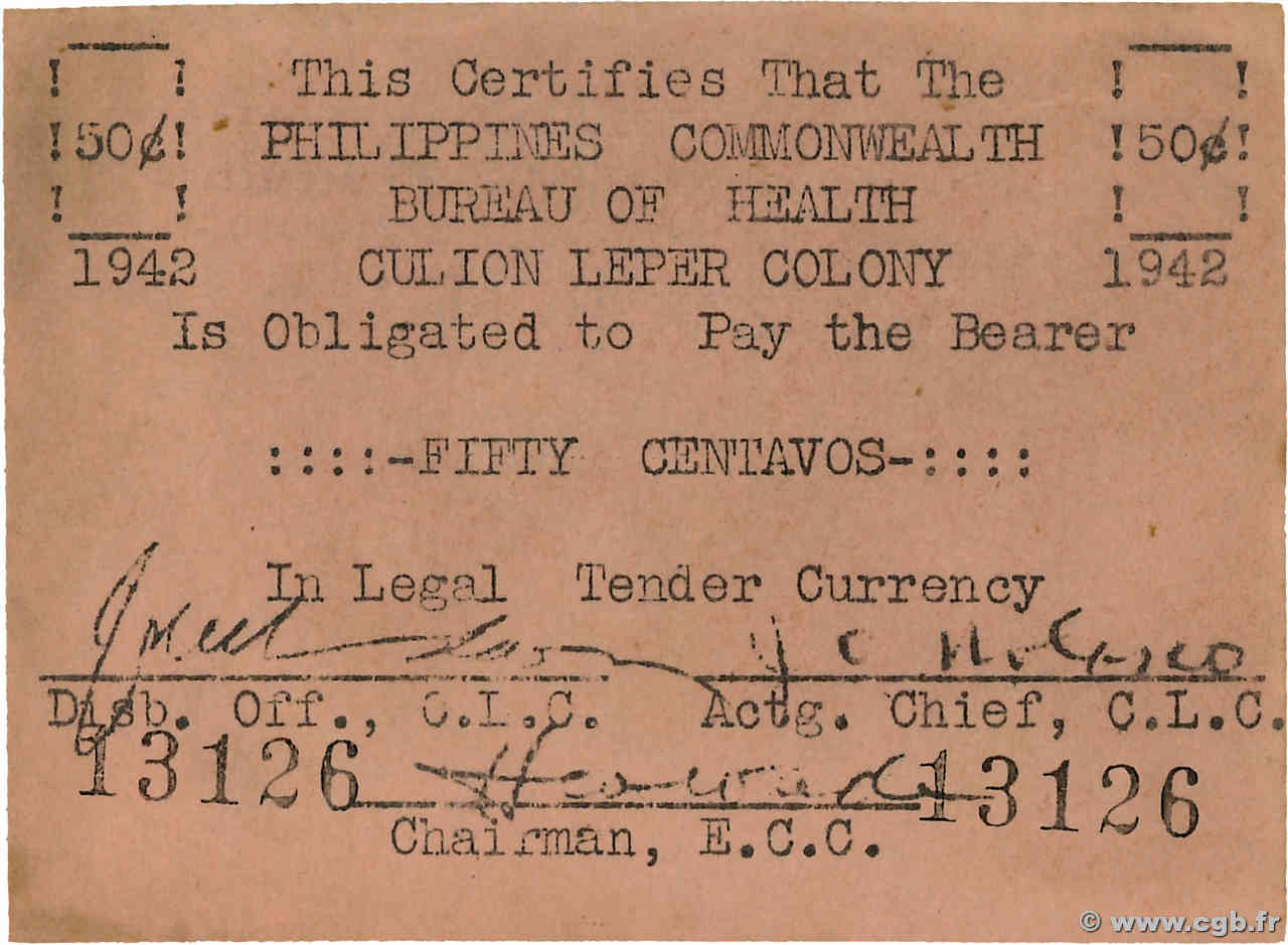 50 Centavos PHILIPPINES Culion 1942 PS.244 TTB