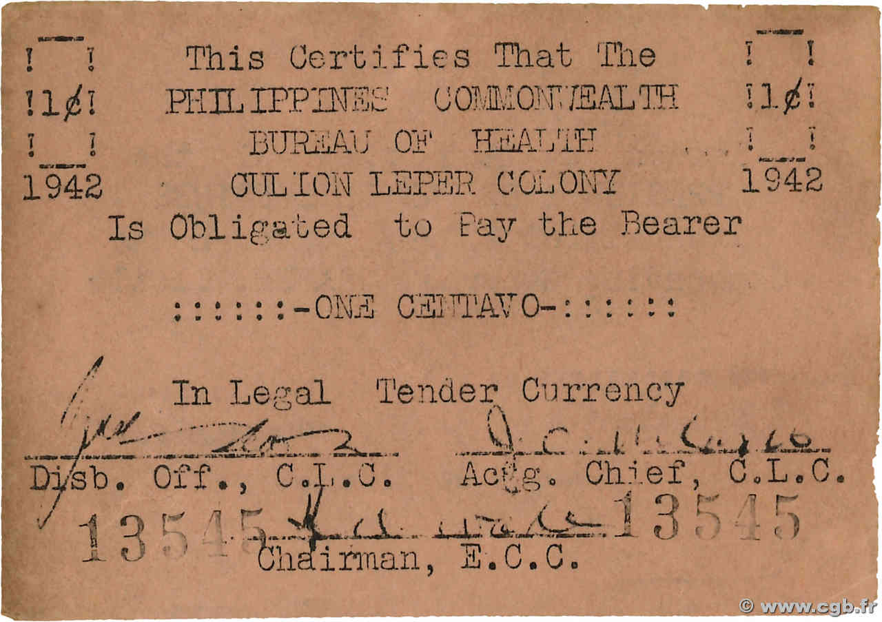 1 Centavo FILIPINAS Culion 1942 PS.251 EBC