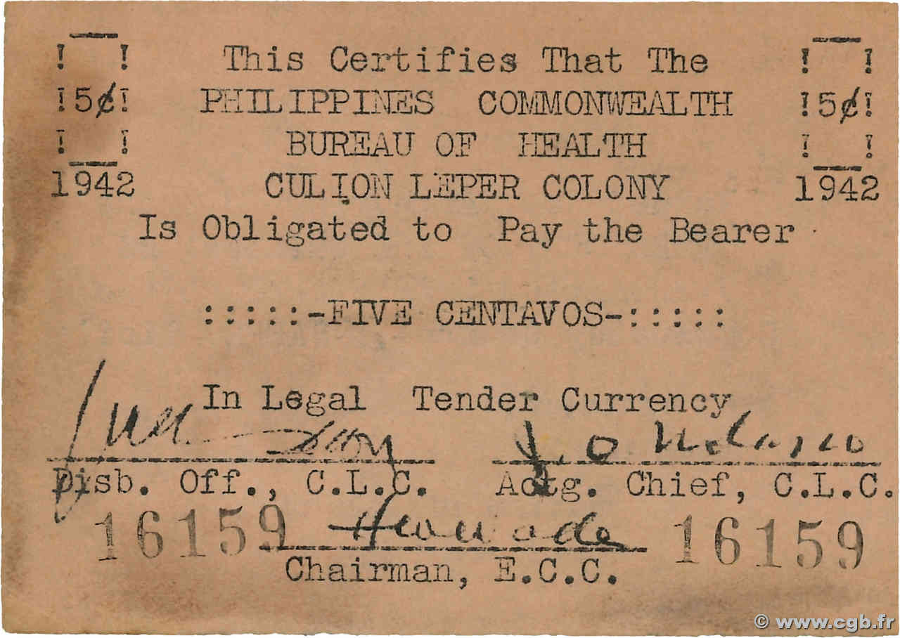 5 Centavos FILIPPINE Culion 1942 PS.252 SPL