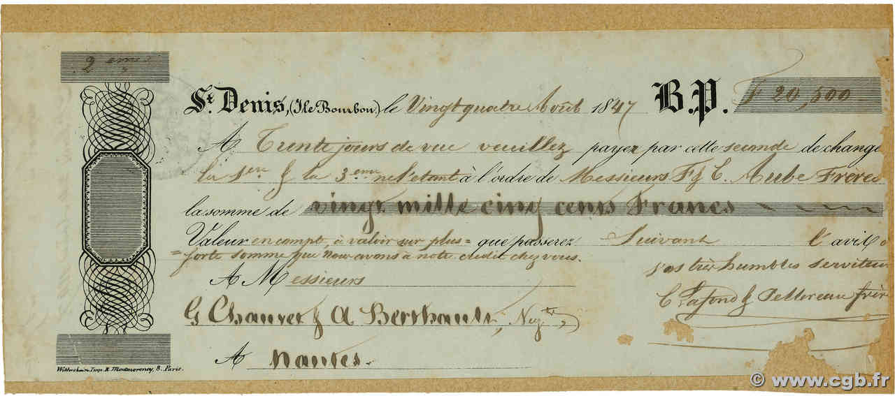 20500 Francs ÎLE DE LA RÉUNION Saint Denis / Nantes 1847 DOC.Lettre TTB