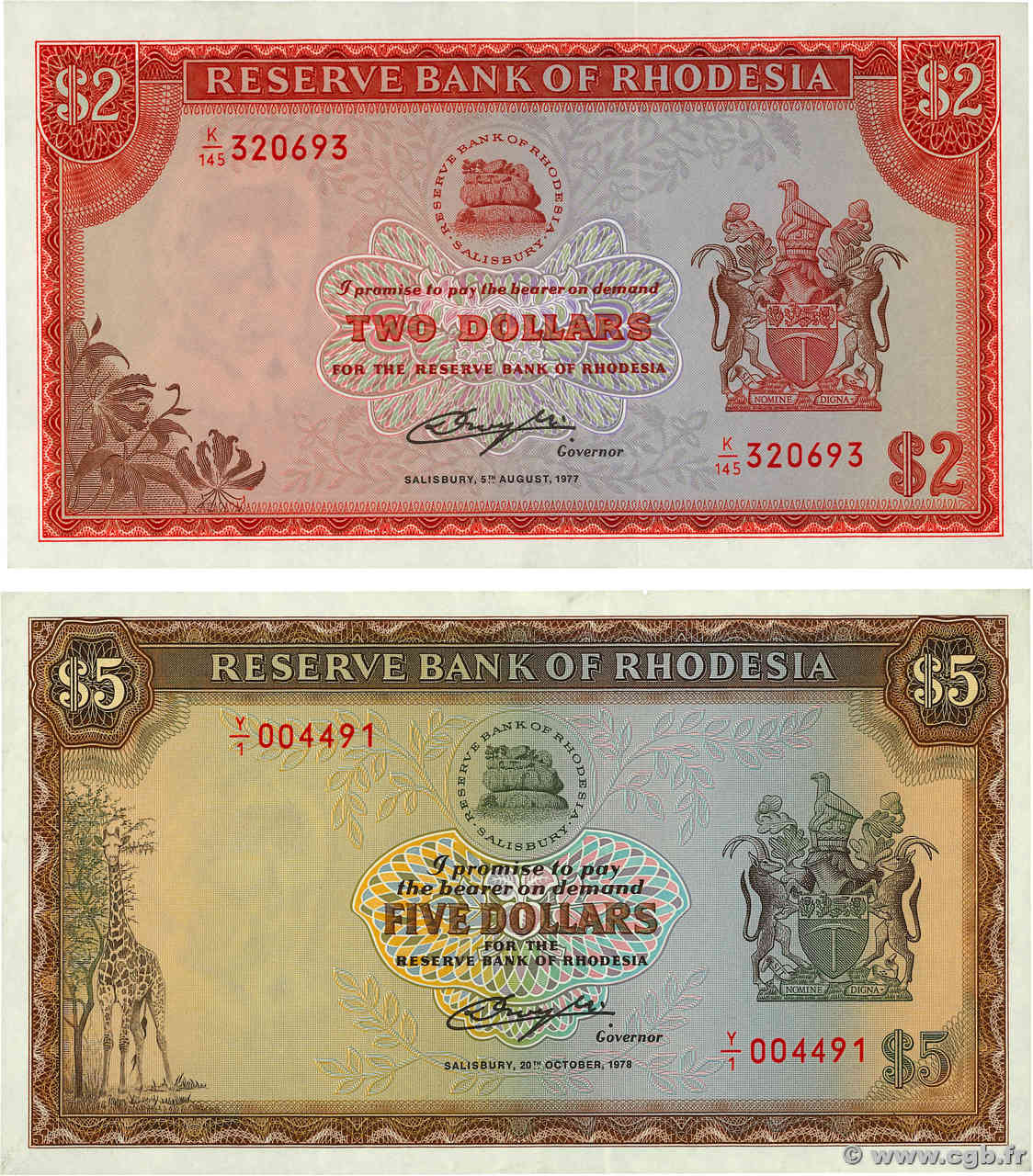 2 et 5 Dollars Lot RHODESIA  1978 P.35c et P.36br XF-