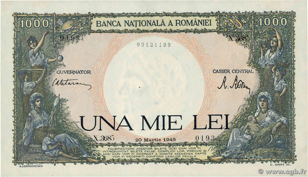 1000 Lei ROMANIA  1945 P.052a UNC-