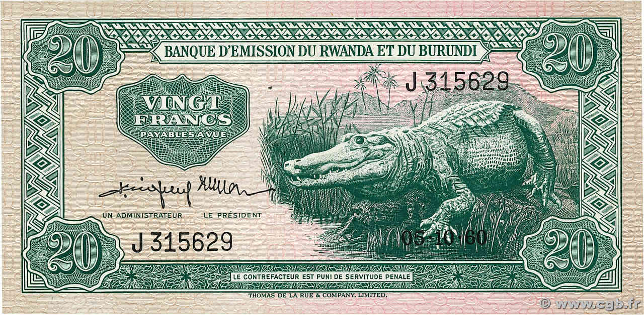 20 Francs RWANDA BURUNDI  1960 P.03a SUP+