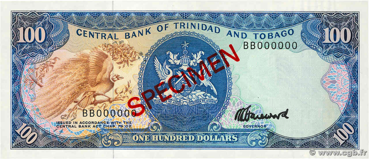 100 Dollars Spécimen TRINIDAD UND TOBAGO  1985 P.40cs fST+