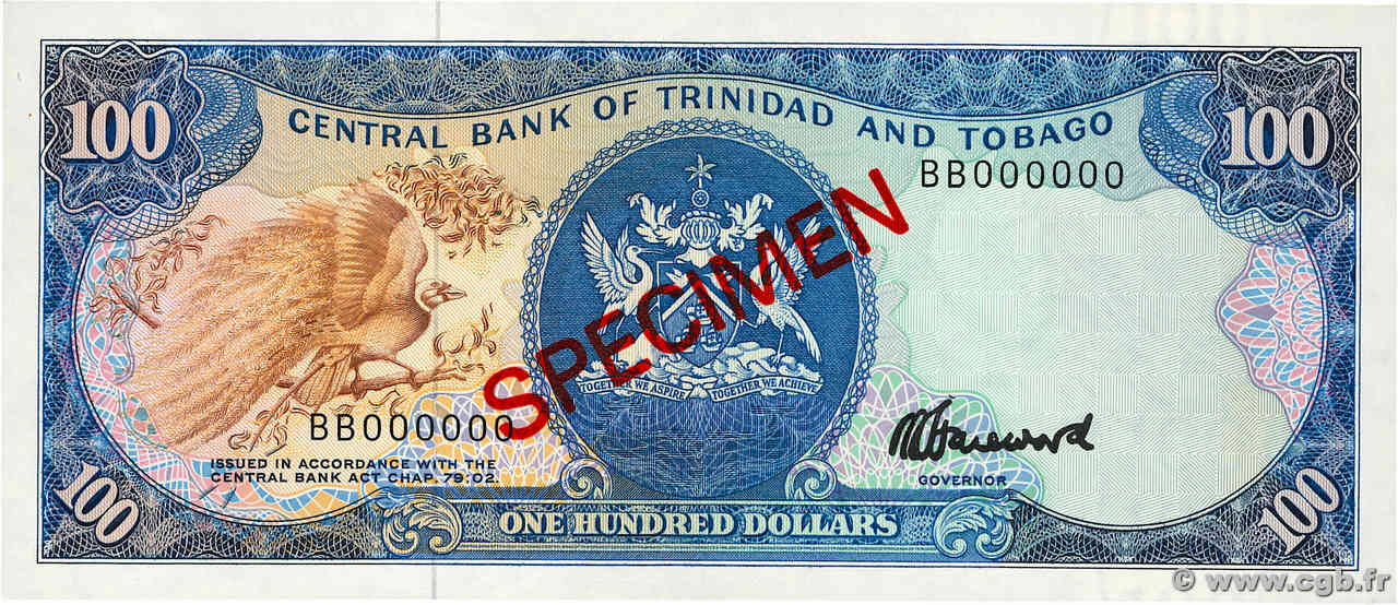 100 Dollars Spécimen TRINIDAD E TOBAGO  1985 P.40cs q.FDC