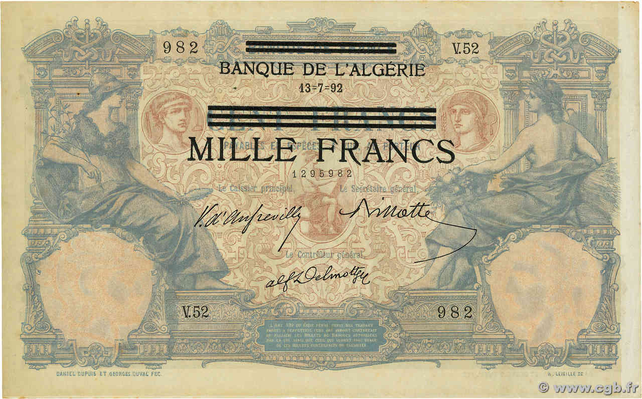 1000 Francs sur 100 Francs TUNISIA  1942 P.31 SPL+
