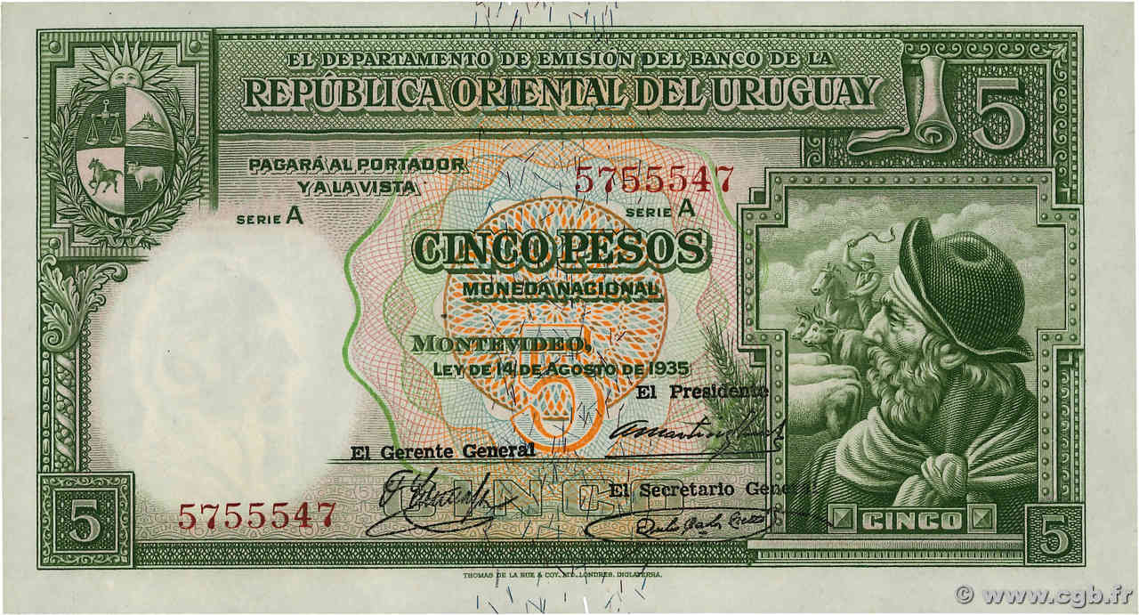 5 Pesos URUGUAY  1935 P.029b fST