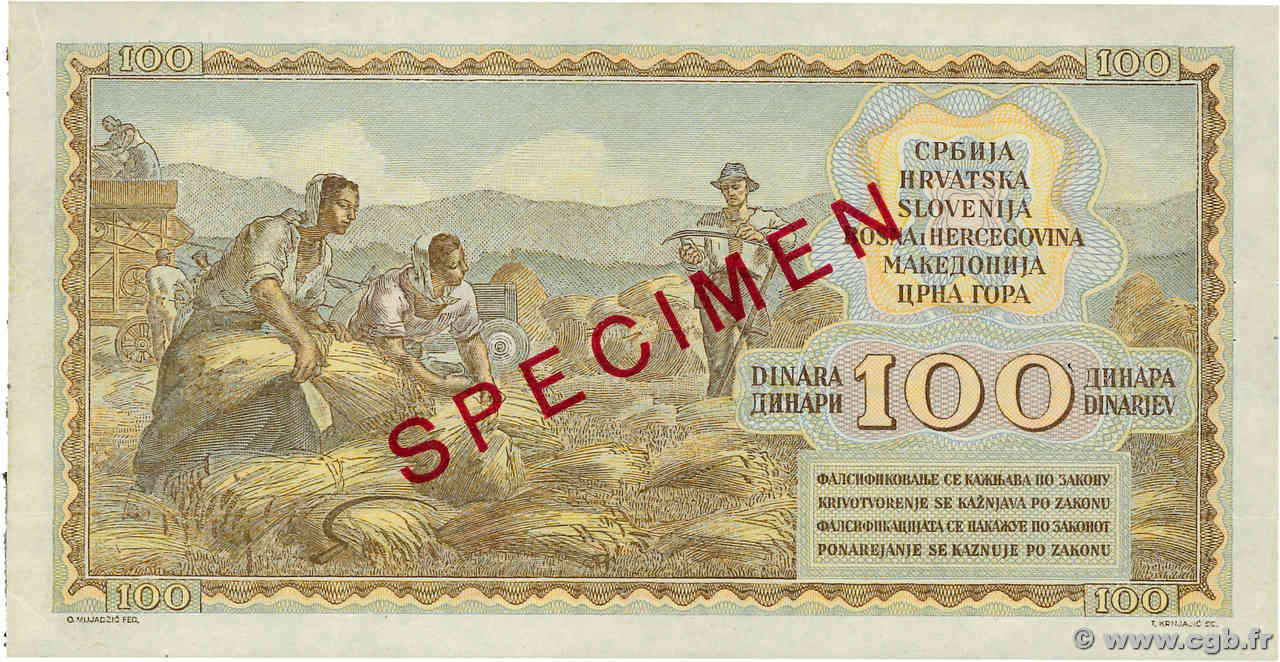 100 Dinara Épreuve YUGOSLAVIA  1953 P.068P XF+