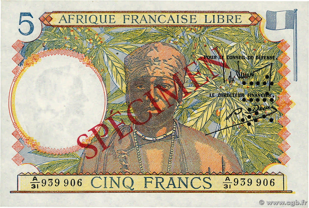 5 Francs Spécimen AFRIQUE ÉQUATORIALE FRANÇAISE Brazzaville 1941 P.06s AU+