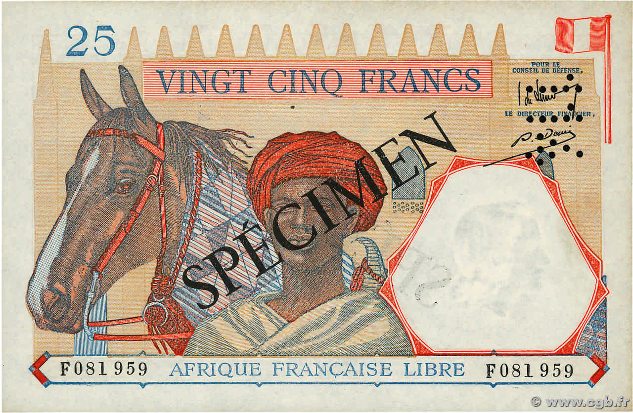 25 Francs Spécimen AFRIQUE ÉQUATORIALE FRANÇAISE Brazzaville 1941 P.07s q.FDC