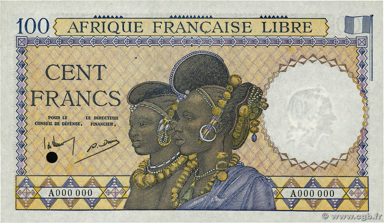 100 Francs Spécimen FRENCH EQUATORIAL AFRICA Brazzaville 1941 P.08s UNC-