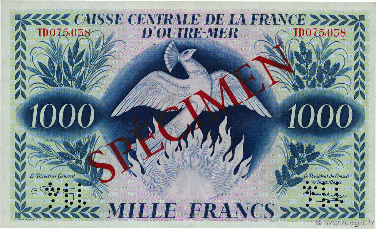 1000 Francs Phénix Spécimen AFRIQUE ÉQUATORIALE FRANÇAISE  1944 P.19s2 FDC