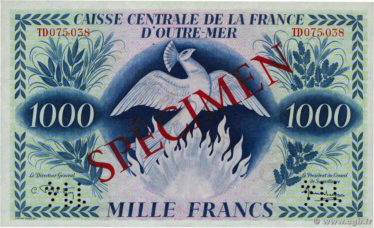 1000 Francs Phénix Spécimen FRENCH EQUATORIAL AFRICA  1944 P.19s2 UNC