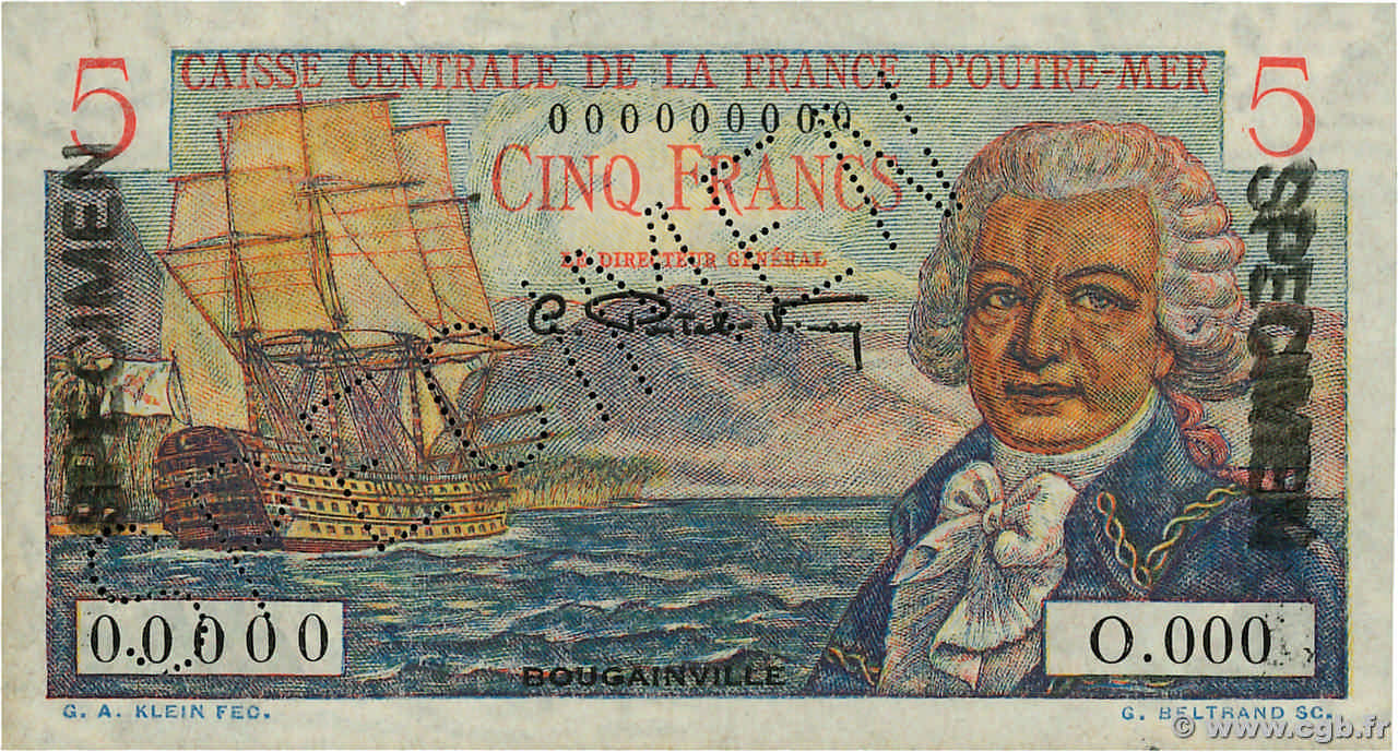 5 Francs Bougainville Spécimen AFRIQUE ÉQUATORIALE FRANÇAISE  1946 P.20Bs fST+