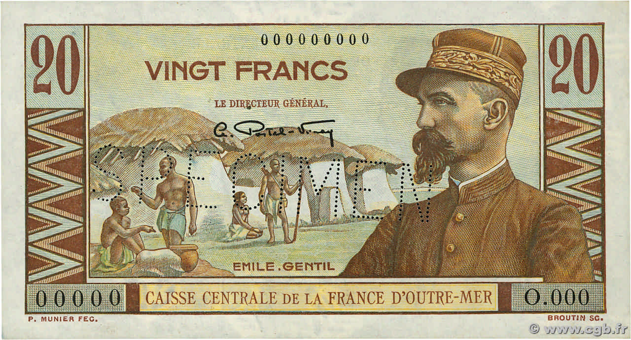 20 Francs Émile Gentil Spécimen AFRIQUE ÉQUATORIALE FRANÇAISE  1946 P.22s SC+