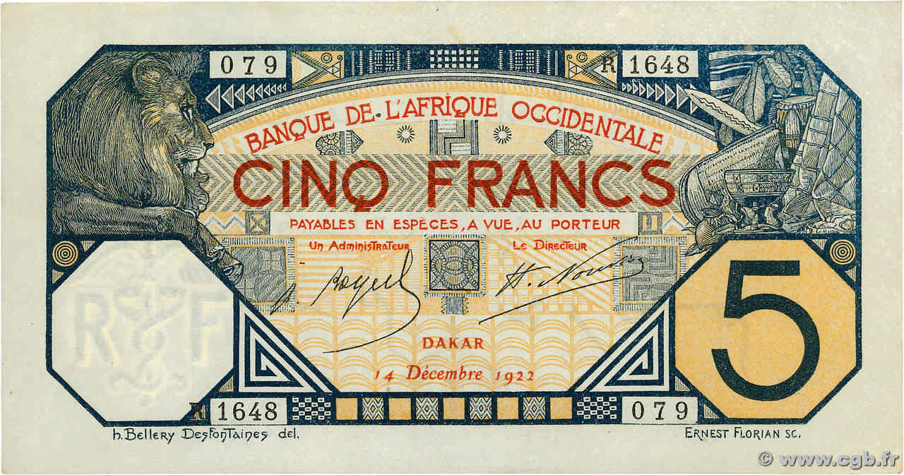 5 Francs DAKAR FRENCH WEST AFRICA Dakar 1922 P.05Bb q.FDC