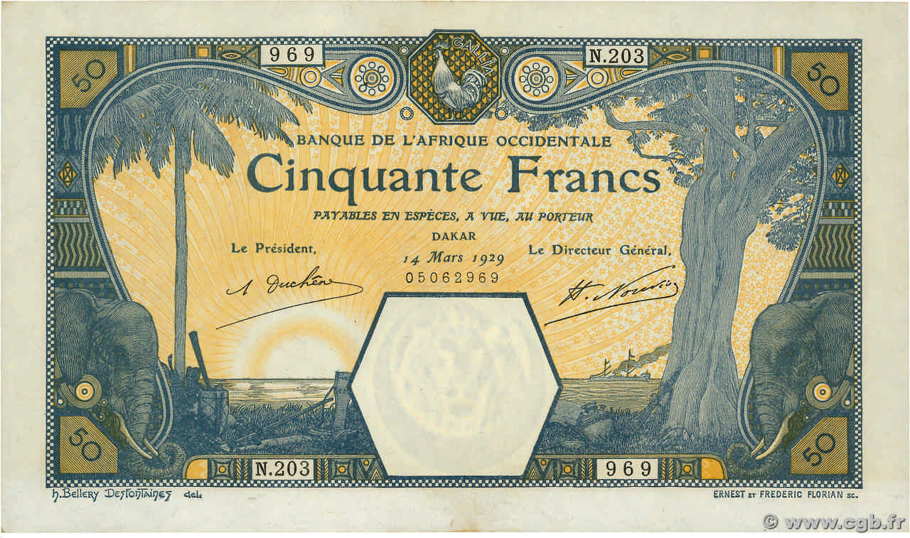 50 Francs DAKAR FRENCH WEST AFRICA Dakar 1929 P.09Bc AU-