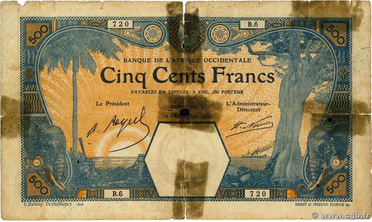 500 Francs PORTO-NOVO FRENCH WEST AFRICA Porto-Novo 1921 P.13E MC