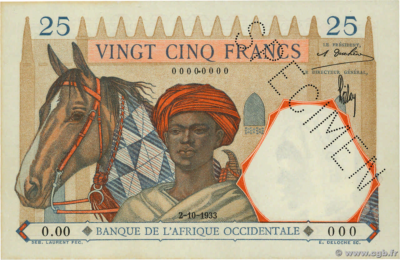 25 Francs Spécimen AFRIQUE OCCIDENTALE FRANÇAISE (1895-1958)  1933 P.22s SPL