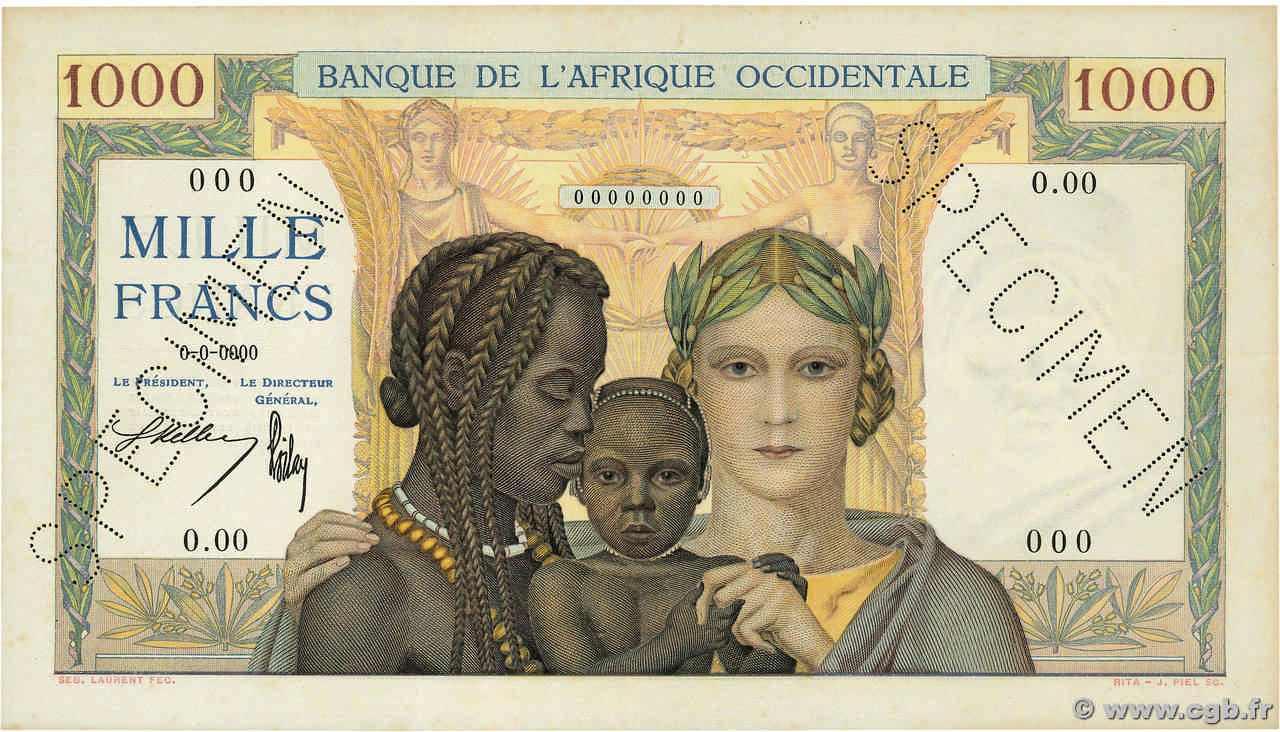 1000 Francs Spécimen FRENCH WEST AFRICA  1937 P.24s EBC+