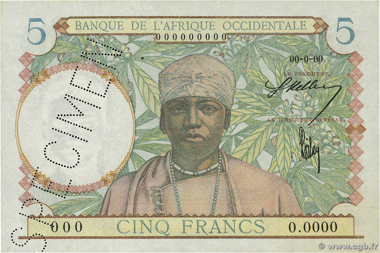 5 Francs Spécimen FRENCH WEST AFRICA  1941 P.25s fST+