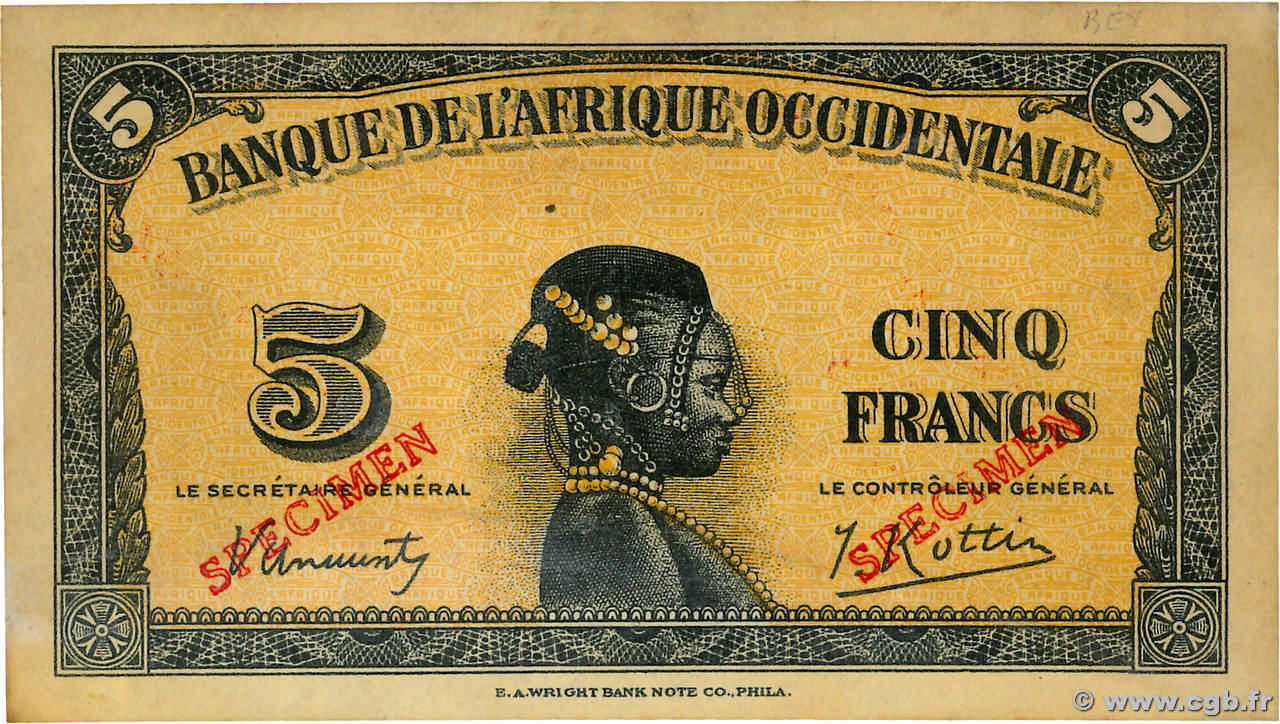 5 Francs Spécimen FRENCH WEST AFRICA  1942 P.28s1a fVZ