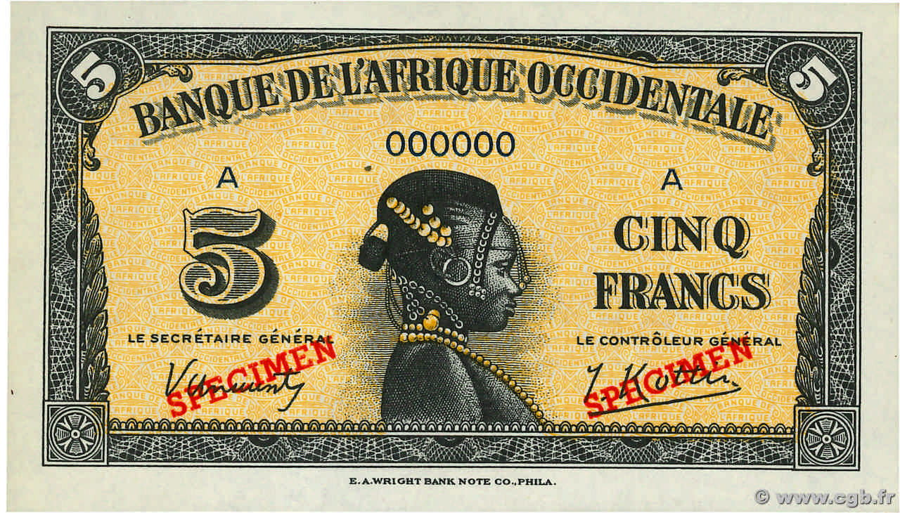 5 Francs Spécimen AFRIQUE OCCIDENTALE FRANÇAISE (1895-1958)  1942 P.28s1b NEUF