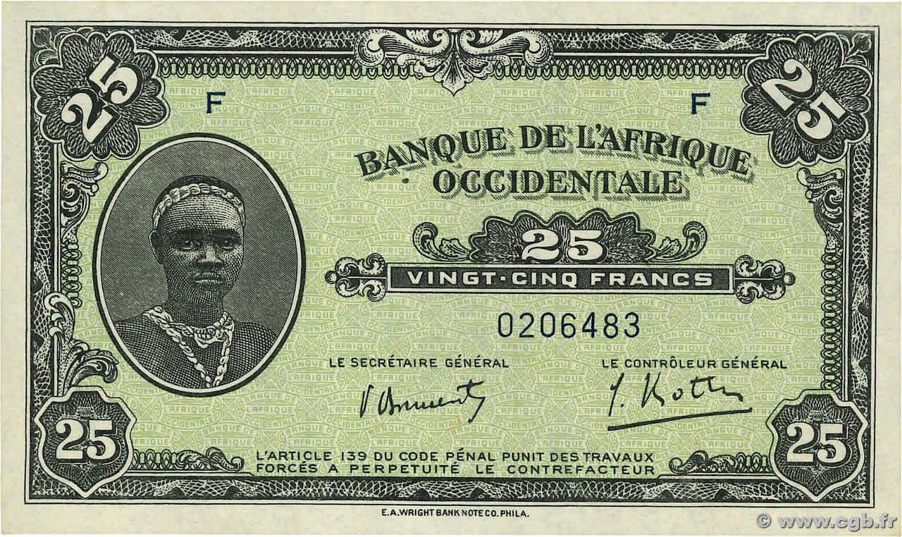 25 Francs FRENCH WEST AFRICA  1942 P.30a FDC