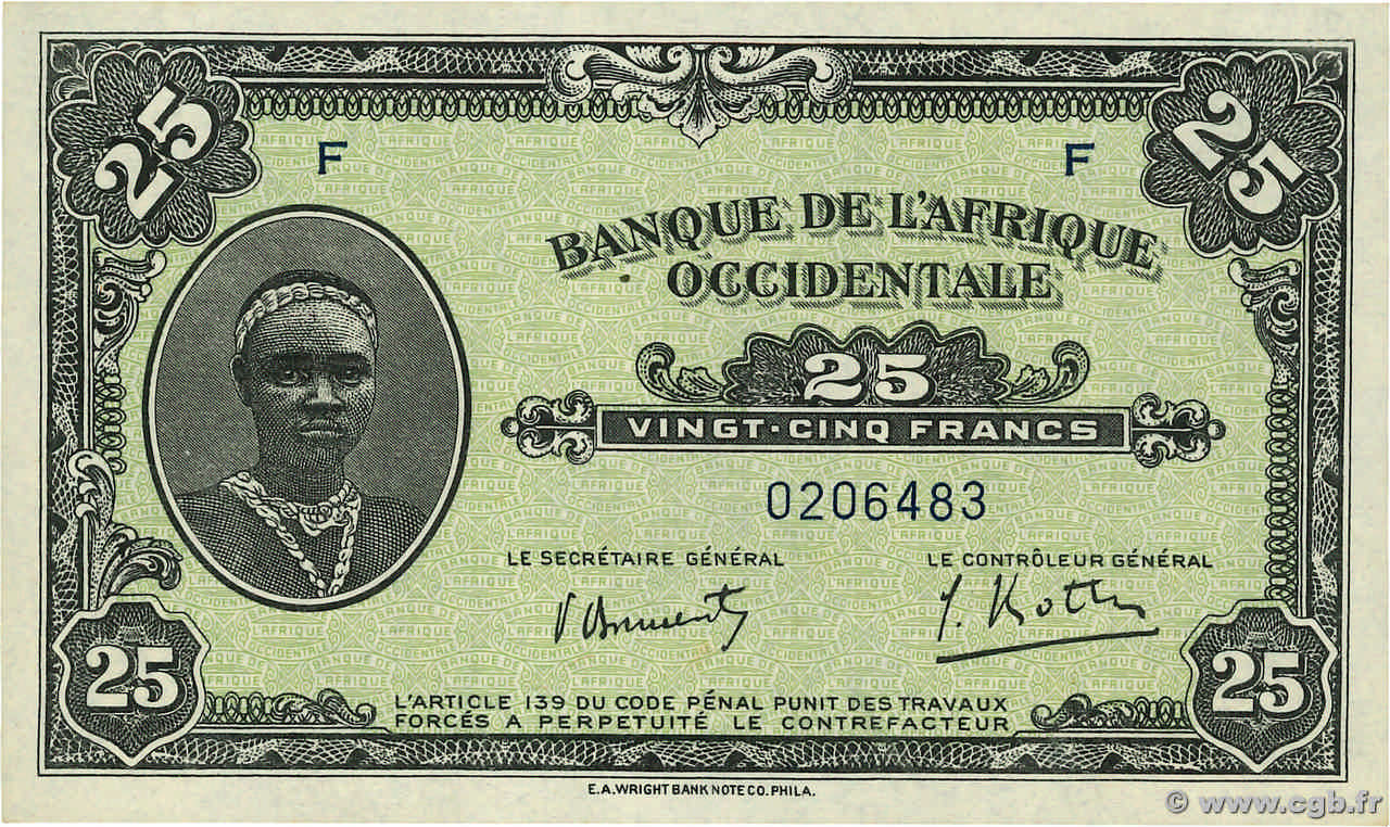 25 Francs FRENCH WEST AFRICA  1942 P.30a ST