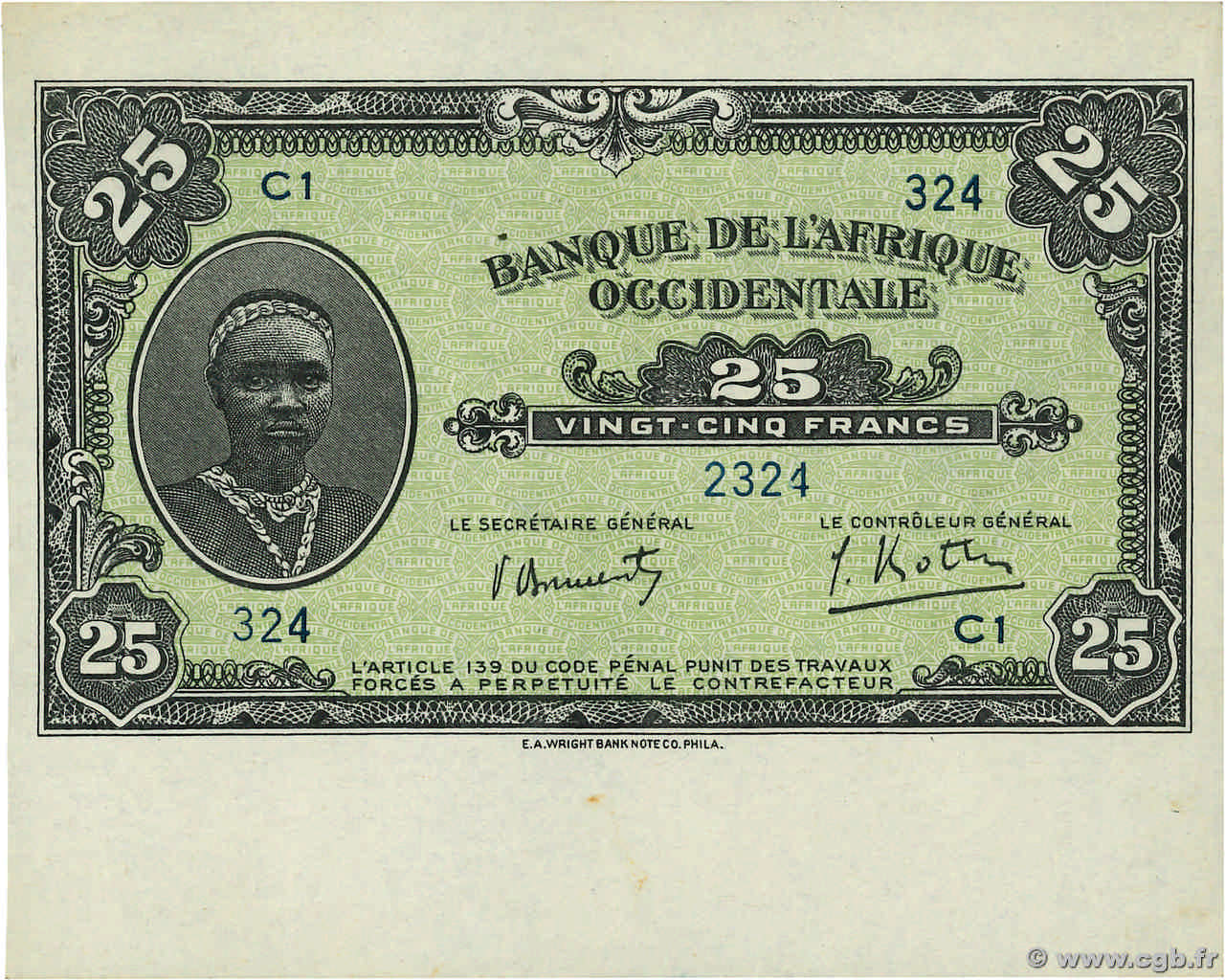 25 Francs FRENCH WEST AFRICA (1895-1958)  1942 P.30b- UNC-