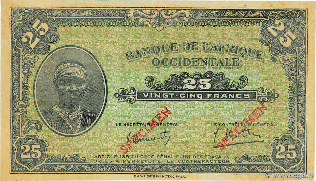 25 Francs Spécimen FRENCH WEST AFRICA  1942 P.30s SC+