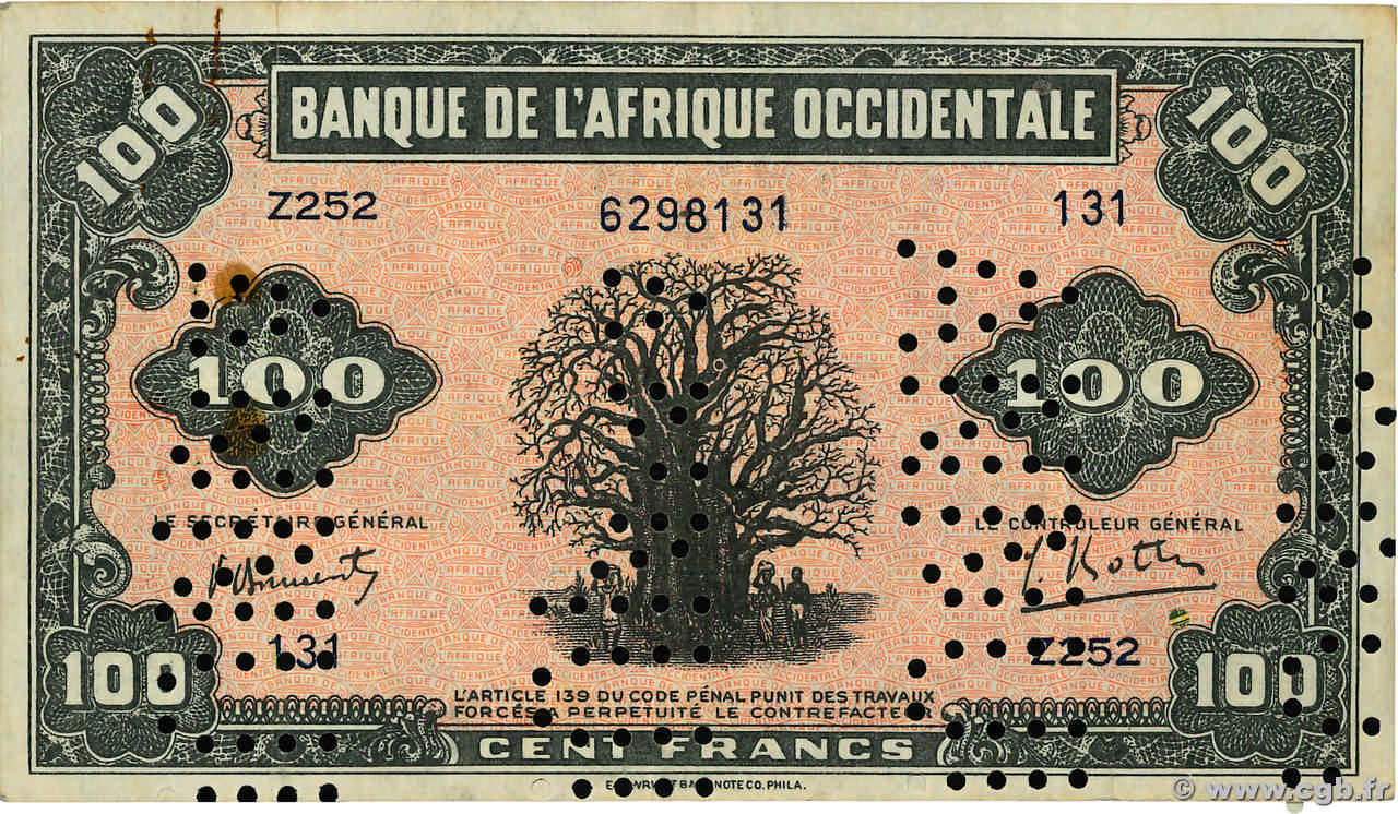 100 Francs Spécimen FRENCH WEST AFRICA  1942 P.31as MBC+