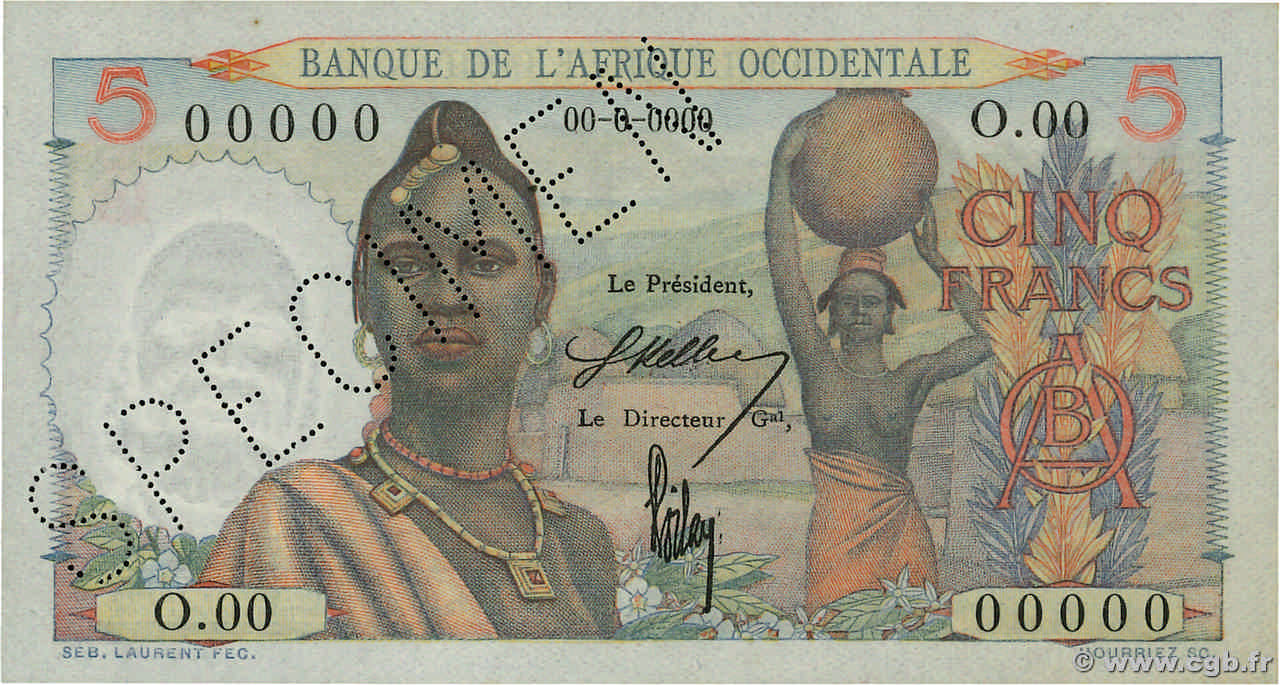 5 Francs Spécimen FRENCH WEST AFRICA  1943 P.36s FDC