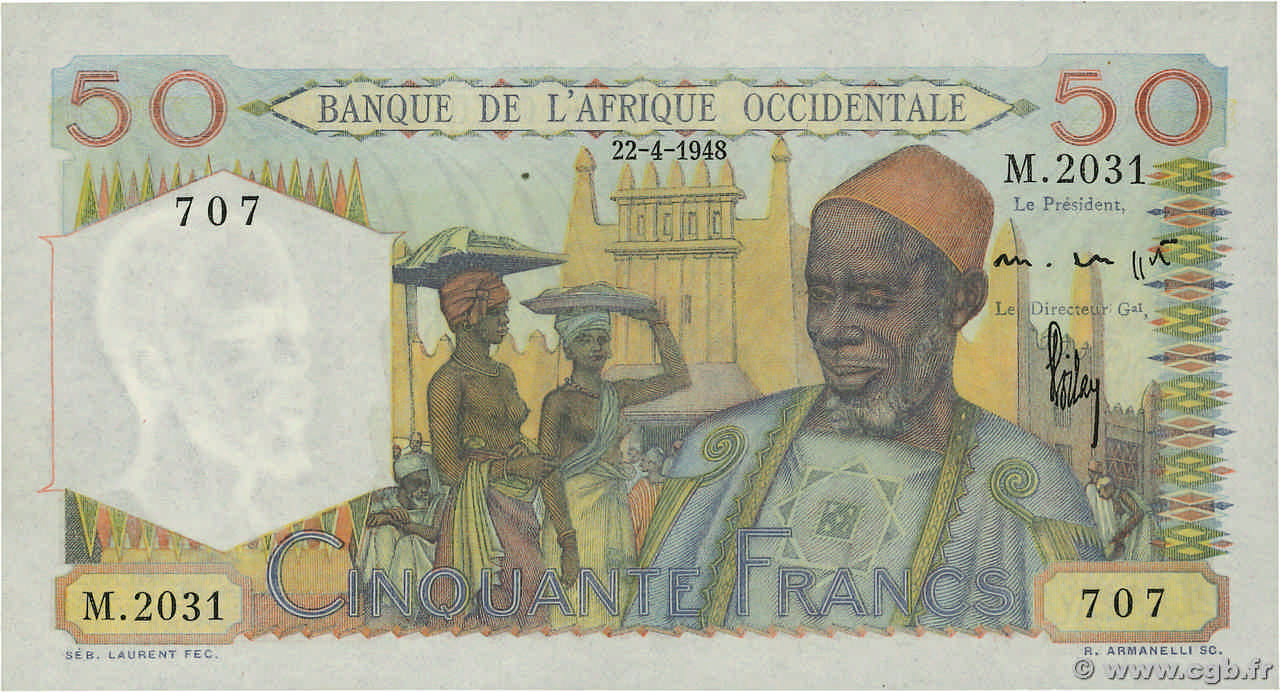 50 Francs FRENCH WEST AFRICA  1948 P.39 FDC