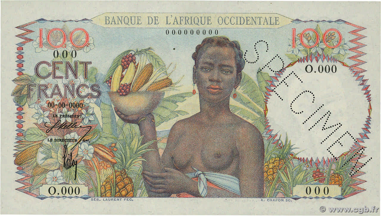 100 Francs Spécimen FRENCH WEST AFRICA  1945 P.40s SC+